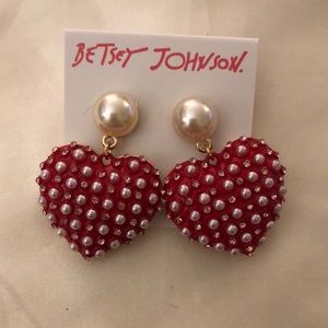 Betsey Johnson Gold Tone XOXO Faux Pearl Red Heart Drop Earrings Crystal NWT